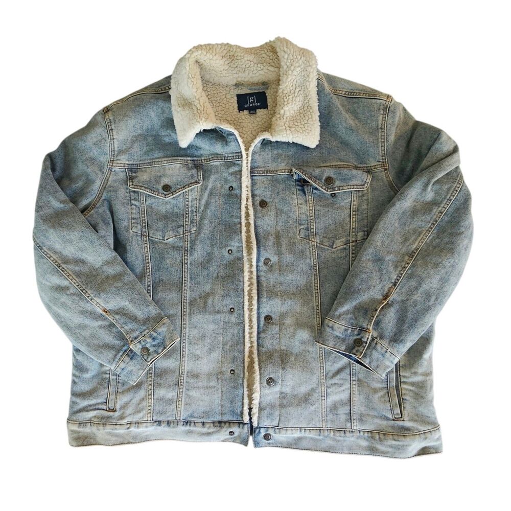 George Jacket Mens 2XL Light Denim Sherpa Lined Button Front Pockets Heavyweight